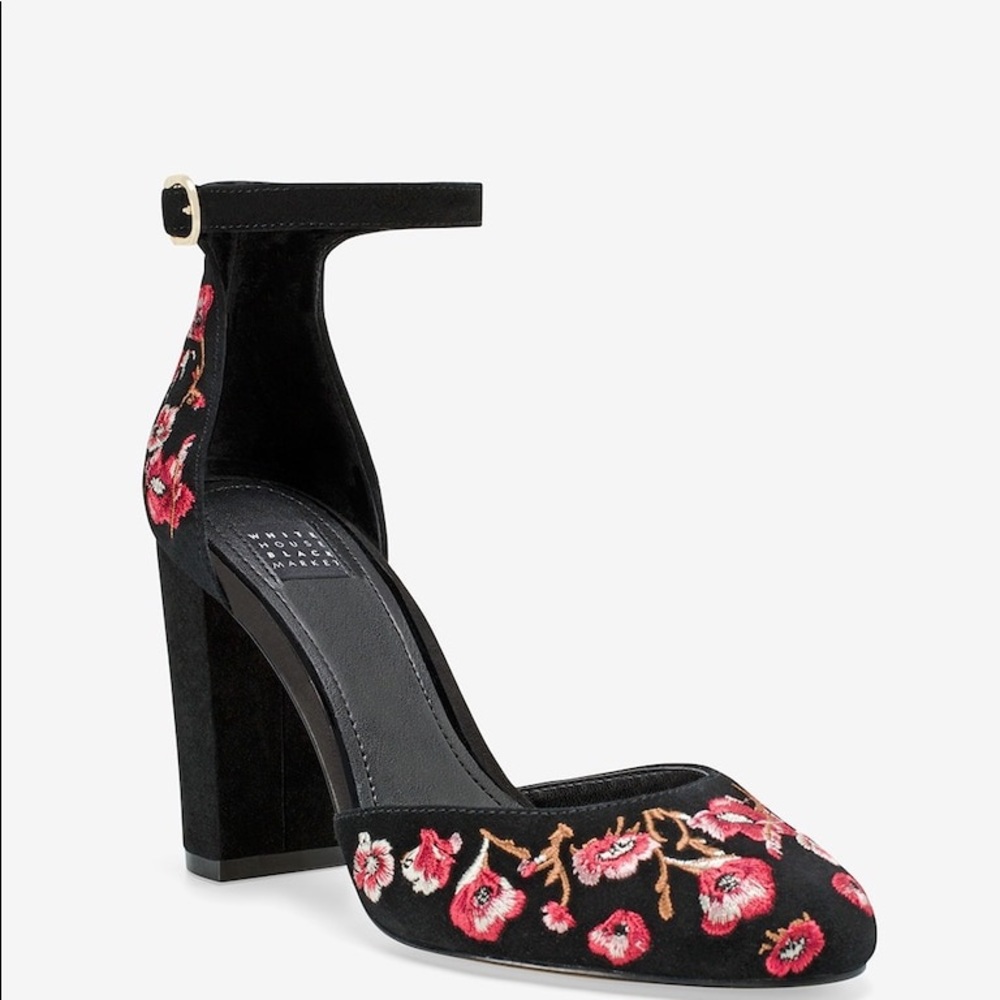 WHBM Piper Embroidered Suede Chunky Heels